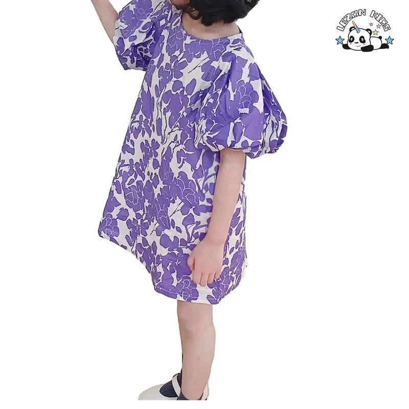 LEZONKIDS - 2021 spring and summer children's clothing girls dress purple flower skirt puff sleeve temperament children's skirt